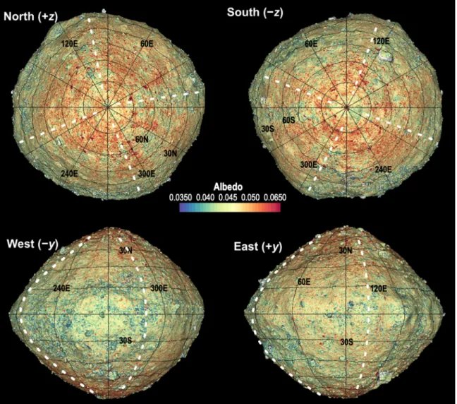 Fig. 7. OLA-derived albedo registered to a shape model slightly shaded to indicate topography