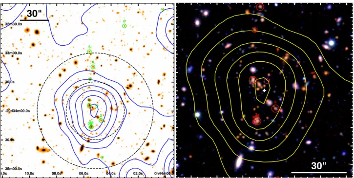 Fig. 2. Environment of the galaxy cluster XDCP J0044.0-2033 at z = 1 . 58. Secure spectroscopic cluster members are marked by solid small circles with their object ID number on top, the positions of tentative system members are indicated by small dashed ci