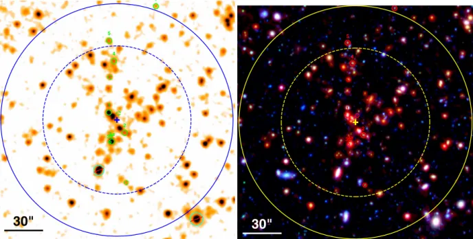 Fig. 6. Left panel: Spitzer/IRAC 4.5 μm view of the cluster volume (3  × 3  ). The cluster center (central cross), R 500 (dashed blue circle), and R 200 (solid blue circle) are indicated, small circles mark spectroscopic members as in Fig