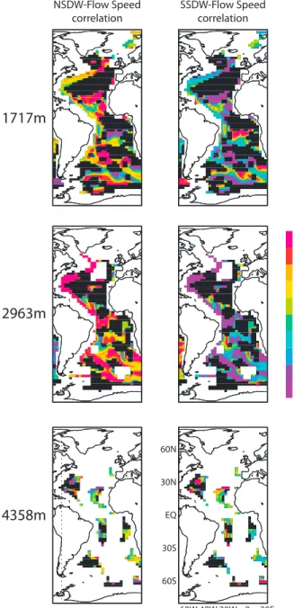 Figure 5). A pattern does emerge for the correlation with NSDW at the 2963 m model level and can be linked to the export of NADW from the over ﬂ ow regions and along the western boundary of the Atlantic Basin.