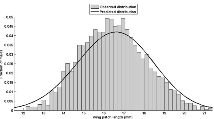 Figure 5. Distribution of wing patch length of Calopteryx splendens at the population Naturreservat Klingava¨lsa ˚n (55.6384, 13.54142) in southern Sweden