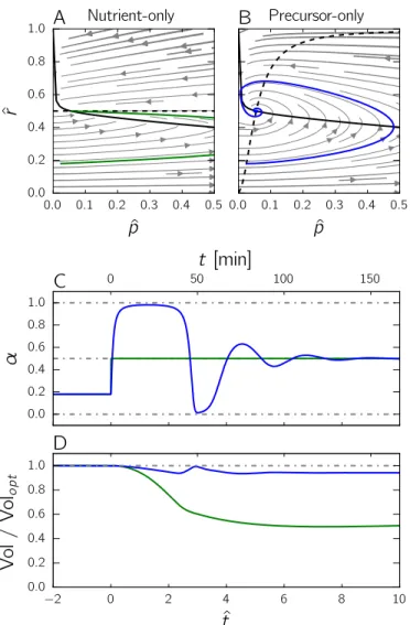 Fig 6. Comparison of the performance of the nutrient-only and precursor-only strategies after a nutrient upshift