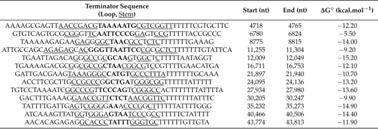 Table 2. Rho-independent transcriptional terminators of SPP1. The terminators were identified as described in Material and Methods (see Section 2)