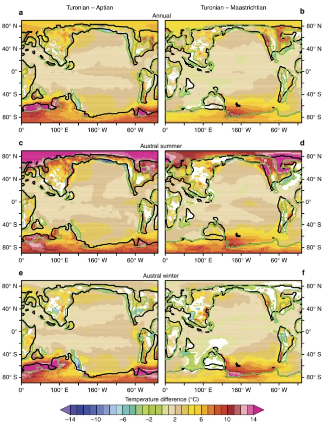 Figure 2 | Annual and seasonal temperature difference between the Turonian and the Aptian or Maastrichtian