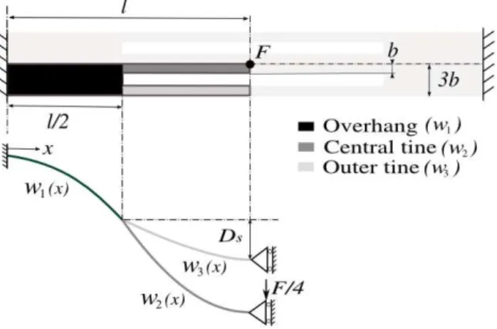 Figure 3. Top: for predicting the quasi-static deflection of the structure engendered by a normal force F, only the darker “tuning fork” (top view) is considered