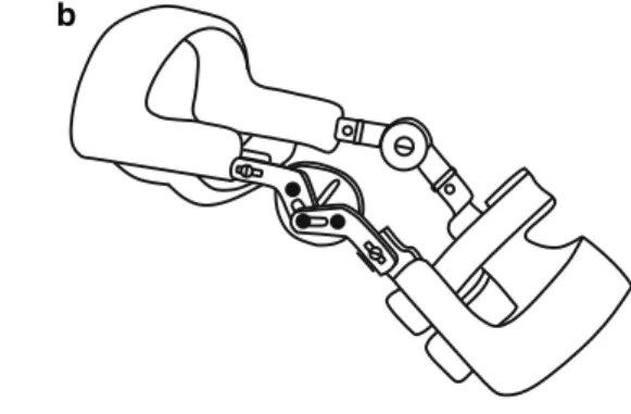 Fig. 1 a Graphical representation of the knee instantaneous helical axis [9] (the variations in the knee axis are amplified for better visibility, the curves generated by the intersection of the knee axis with different sagital planes should be reproduced 