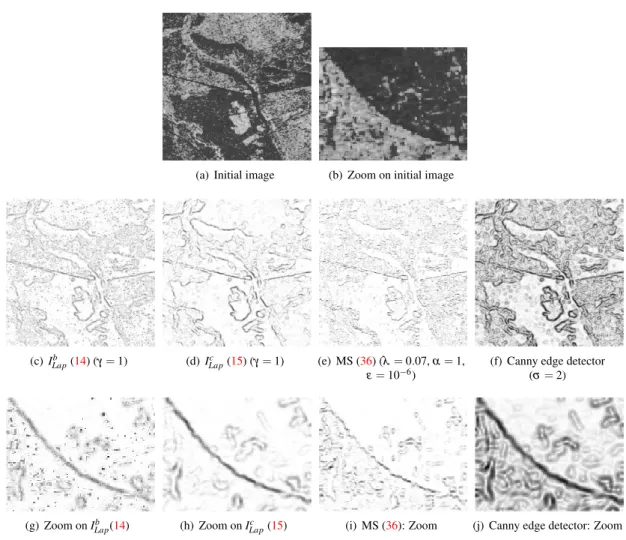Figure 3: Comparison of (14) and (15) with the MS edge detection (36) and the Canny edge detector for a real SAR image.