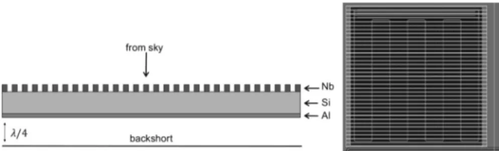 Fig. 1 Left panel: Layout of a polarisation-sensitive pixel. See the text below for a description