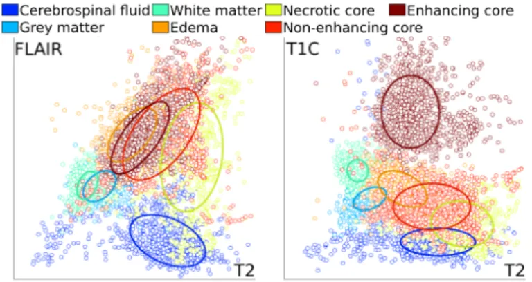 Fig. 4: 2D projections of Student distributions fitted to average intensity of pure patches, with 60% quantiles overlayed.