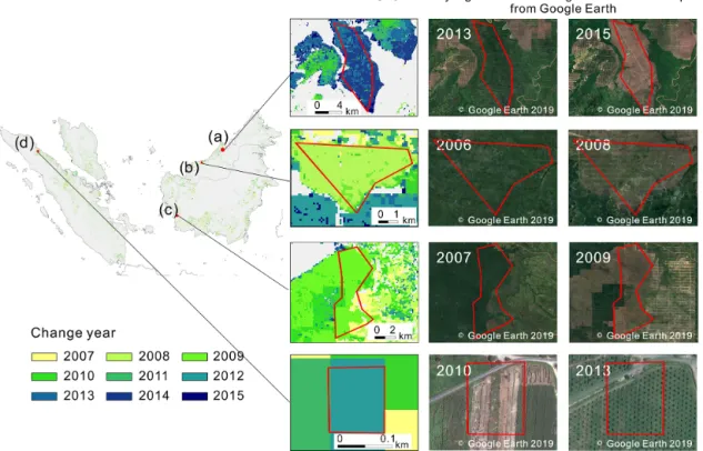 Figure 6. Visual comparison of the detected change years with the high-resolution images and medium-resolution Landsat images from Google Earth