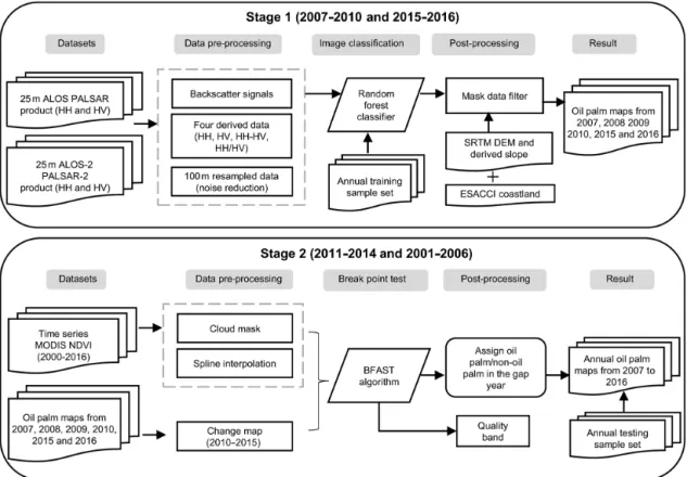 Figure 1. Workflow of the annual oil palm mapping procedure. Stage 1 stands for oil palm mapping using PALSAR and PALSAR-2 data, and Stage 2 stands for change-detection-based oil palm maps updated using MODIS NDVI.