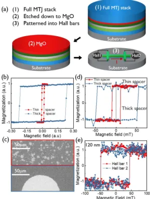 Fig. 4. (a) MTJ stack deposited on the full wafer, followed by IBE with etch-stop on MgO and, finally, patterning into Hall bars