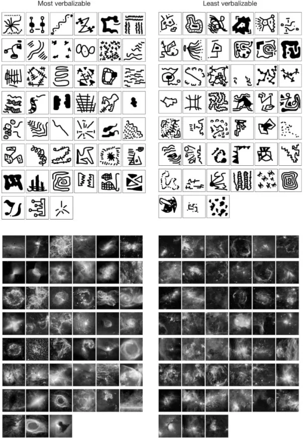Figure 1. Entire set of the visual stimuli used in Experiment 2, organized by bank and by verbalizability.