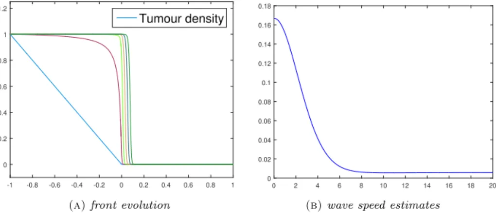 Figure 7. Traveling fronts investigation in the heterogeneous invasion case: the tumour density profile is plotted at six equally spaced time instants (A), together with the space-averaged propagation speed  ap-proximations as a function of time (B).