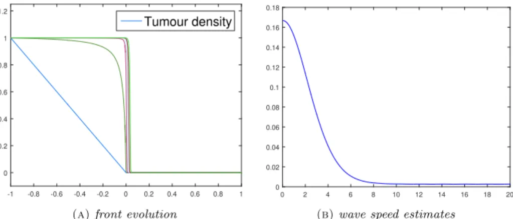 Figure 11. Traveling fronts investigation in the heterogeneous inva- inva-sion case for the reduced model: the tumour density profile is plotted at six equally spaced time instants (A), together with the space-averaged propagation speed approximations as a