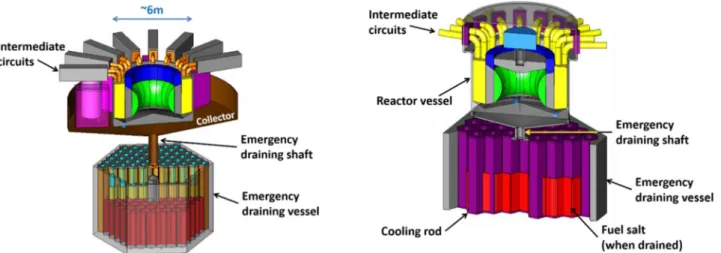 Fig. 10. Schematic design of the primary circuit of the MSFR showing the reactor vessel and emergency draining system for the fuel salt.