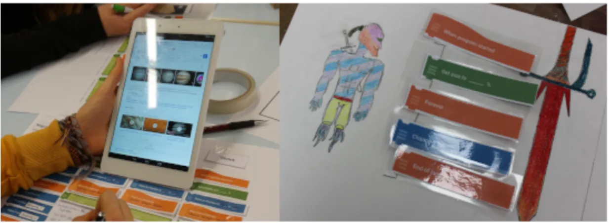 Figure 7: Students design a program to be run with Pocket Code  All in all, visual programming languages seem to provide an easier start and a more  engaging experience for learners