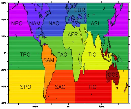 Fig. 1. Definition of the 14 different regions (see Table 1 for acronyms).