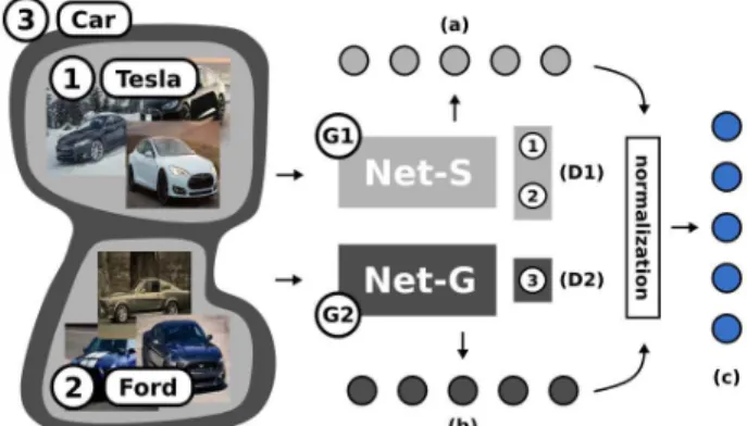 Figure 1. A standard CNN (Net-S) solves a discriminative prob- prob-lem (D1) that consists to separate specific categories ((1) and (2)) from each other