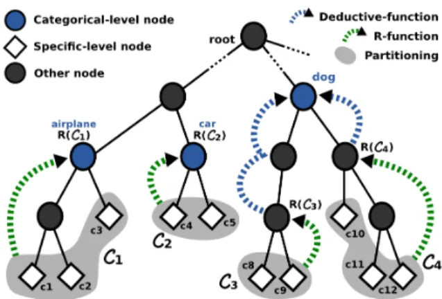 Figure 2. Illustration of our categorical-level re-labeling. Given a set of categories (leaf nodes of the hierarchy in white diamonds) and a partitioning of it into G subsets C 1 , · · · , C G (gray blobs), our method automatically re-labels them (and thus