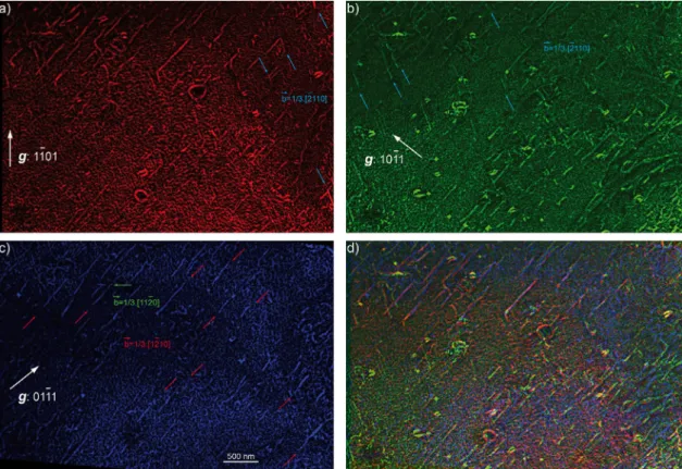 Fig. 3. Burgers vector indexations of the non-irradiated Zr specimen: (a) micrograph in WBDF-TEM mode obtained with the 1  ¯1  01 diffraction vector, dislocations with 