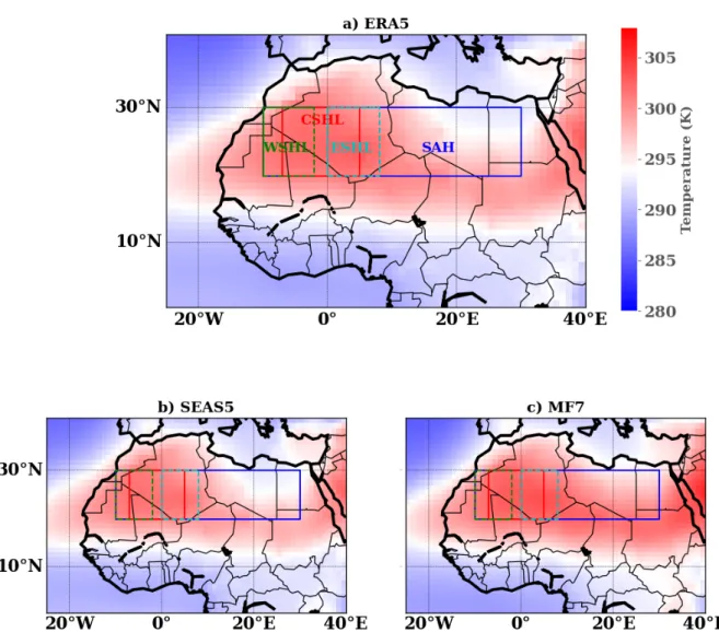 Figure 1. Climatology of the SHL during its maximum activity period from the 20 th June to 17 th September over 1993-2016 and the region of interest using: a) ERA5 reanalyses, b) SEAS5 and c) MF7 models respectively