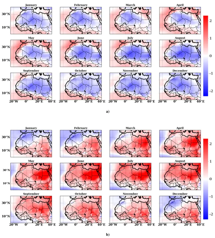 Figure 4. Climatology of monthly bias temperature over Sahara region during 1993-2016 between: a) SEAS5 and ERA5, b) MF7 and ERA5.