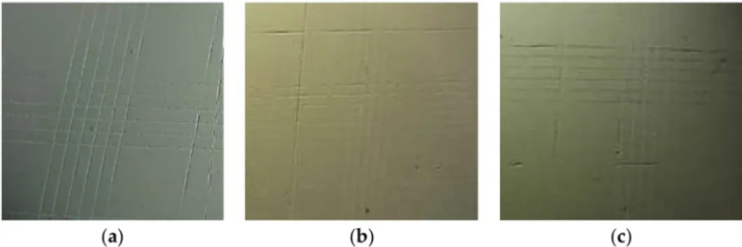Figure 9. Appearance of the surface affected by the cross-cut area performed after the UV and humidity test, for (a) the sample with sand from Ouarzazate, (b) the sample with sand from Dubai, and (c) the sample without sand.