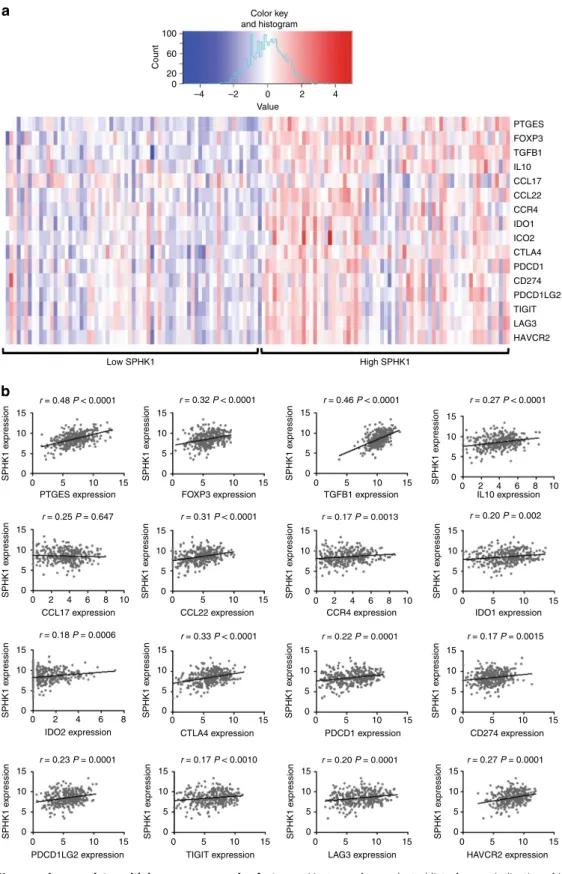 Fig. 7 Human SPHK1 expression correlates with immune suppressive factors. a Heat map for a selected list of genes indicative of immune suppression exhibiting low (20th percentile) and high (80th percentile) SPHK1 expression in melanoma samples using the TC