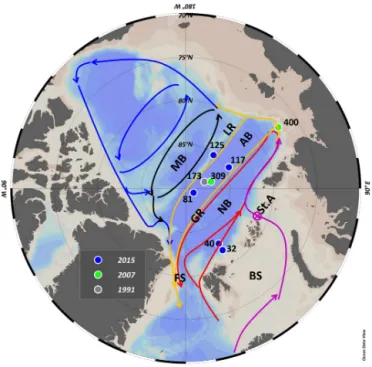 Figure 1. Map of the Arctic Ocean and station overview. AB: