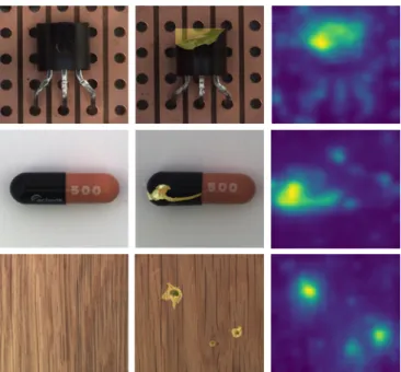Fig. 1. Image samples from the MVTec AD [1]. Left column: normal images of Transistor, Capsule and Wood classes