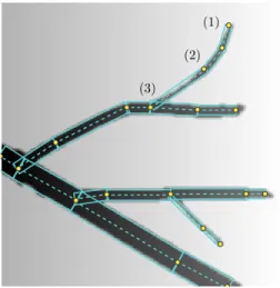 Figure 2: Types of nodes. The nodes correspond to either (1) extremities in the tree, (2) changes of direction, or (3) confluences of branches.