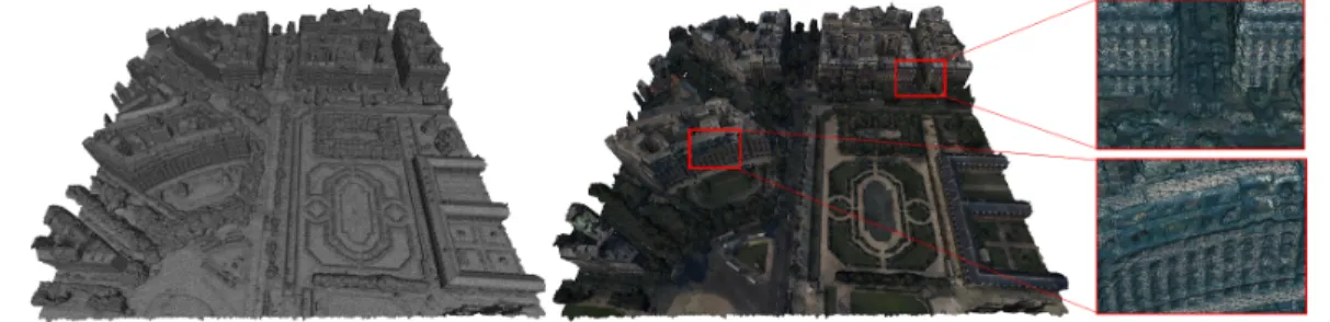 Figure 1: Textured meshes produced from MVS imagery. Our input is a textured mesh combining geometry (left) and radiometry (right).