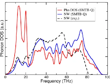 Figure 1 :Phonon density of states calculated with SMTB-Q (in red), neutron weighted phonon density of  states calculated with SMTB-Q  (in blue) compared to experiments extracted from Pang et al[44]