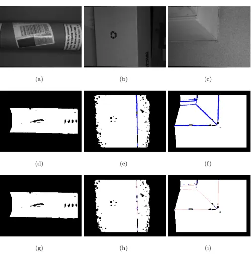 Figure 8: Detection of the feature lines via our classification technique. First row : left ste- ste-reoscopic images obtained with our scanner (models Pipe, Box and Wall)