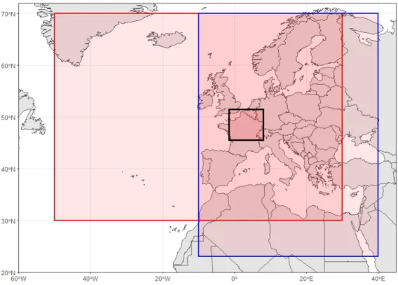 Figure 1. Regions used to identify circulation analogues for December temperatures (blue) and spring precipitation (red)