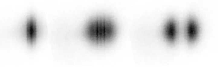 Fig. 1: Examples of time of flight images. The 1D optical mo- mo-lasses laser beams are along the horizontal axis in the figure, as well as in the experiment