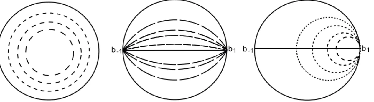 Figure 2. The orbits in the Poincare´ disk D of the three groups K, A and N.