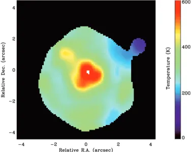 Fig. 8. Color map of IRC + 10216. The envelope is roughly spherically symmetrical but displays inhomogeneities in the dust temperature distribution.