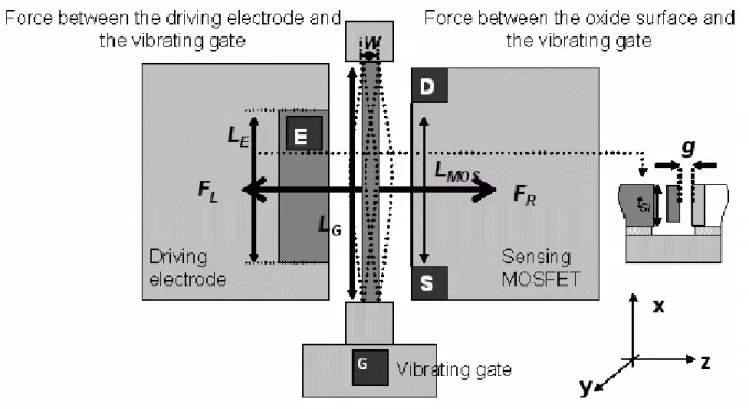 Figure  1:  Schematic  of  the  LRG-MOSFET  –  F L  and  F R   are  the  electrostatic  forces  on  each  side of the vibrating gate – L E  and L MOS  are respectively the electrode length and the channel  length – g is the air gap – t Si  is the thickness