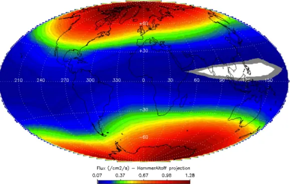 Fig. 6. Map of albedo neutrons (integrated over the full energy range TeV) encountered at 400 km for solar min conditions ( )