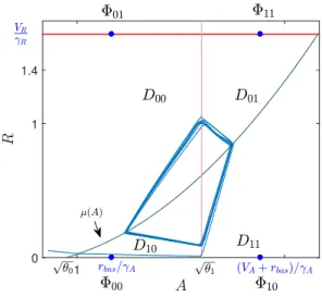 Table I. Focal points, and their location under conditions (a)-(c). φ 10 = (φ 10A , φ 10R ) = ((V A + r bas )/γ A ,0) D 11 φ 11 = (φ 11A ,φ 11R ) = ((V A + r bas )/γ A ,V R /γ R ) D 01 φ 01 = (φ 01A , φ 01R ) = (r bas /γ A ,V R /γ R ) D 00 φ 00 = (φ 00A ,φ