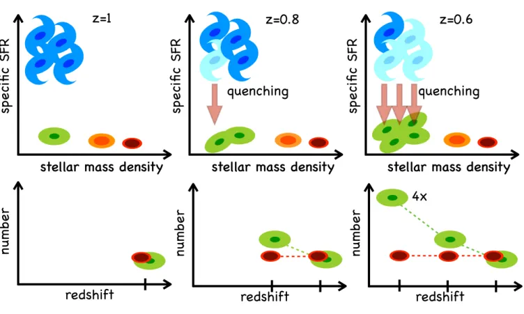 Fig. 10. A schematic view of our results and findings. In the lower panels we plot the evolution of number density for low- and high-Σ MPGs (large green and small red dark spheroids, respectively)