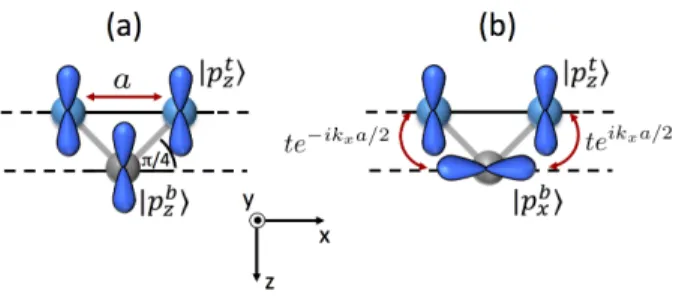 FIG. 1. (Color online) Schematics of the diatomic chain model. The atoms of the bottom chain (gray) possess both p z (a) and p x (b) orbitals, while the atoms of the top chain have only p z orbitals