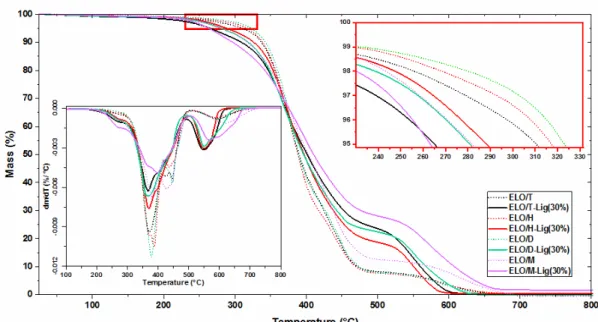 Figure 7: TGA and DTG (bottom left corner) curves as a function of temperature for resins and composites,  heating at 10 °C/min, under air flow 