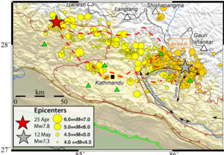 Figure 1. Map of the locations of the aftershocks (yellow and orange dots) sized by magnitudes that occurred in the 20 d following the Gorkha  earth-quake