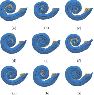 Figure 4: Nine ST centerlines overlaid over their corresponding three-dimensional segmented cochleae.