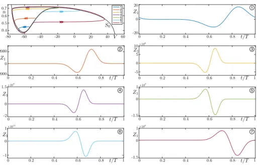 Figure 2: Top left panel: Canard orbits of the reduced HH system in the phase plane. Panels 1-7: time profile of the first component of the adjoint solution associated with each canard cycle shown in the phase plane (together with the critical manifold S 0