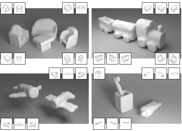 Figure 9: 3D scenes modeled using our system. Each object was modeled with two to three hand drawings, shown in insets.