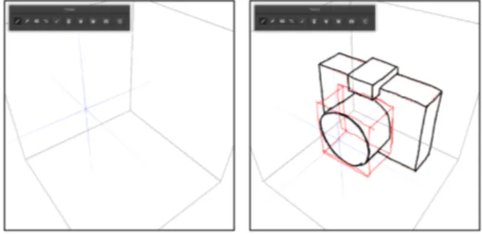 Figure 8: Screenshots of our user interface. We display axis- axis-aligned lines around the cursor to guide perspective drawing (left, shown in blue)